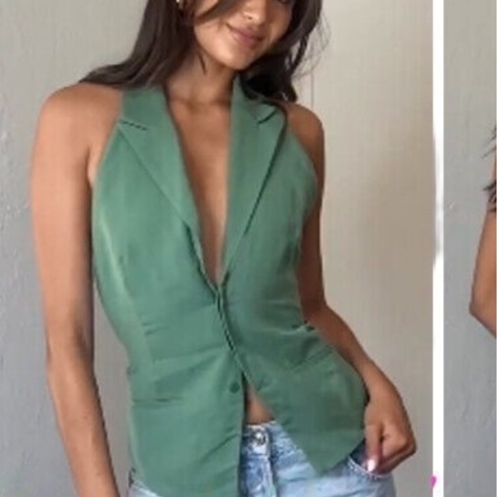 Zara Green Linen Blend Halter Top - Picture 2 of 3